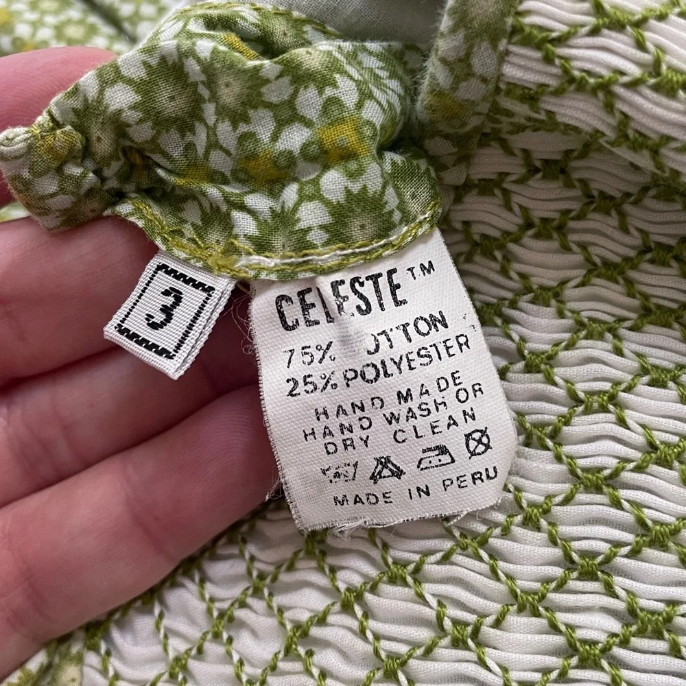 Celeste Hand-sewn Green Smocked Dress with delicate yellow floral accents Size 3